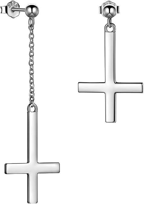 Mens Inverted Cross Earrings Solid 925 Sterling Silver Fine Jewelry Asymmetric Upside Down Cross Earrings St. Peter Satanic Earrings Piercing Clip On Earrings Gothic Jewelry Christmas Jewelry Gift Thanksgiving Day Women Girls