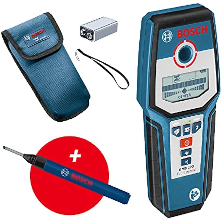 Bosch Professional Stud Finder GMS 120 Drill Hole Marker, max. Detection Depth WoodMagnetic MetalNon-Magnetic MetalLive Cable: 381208050 mm, in Cardboard Box -