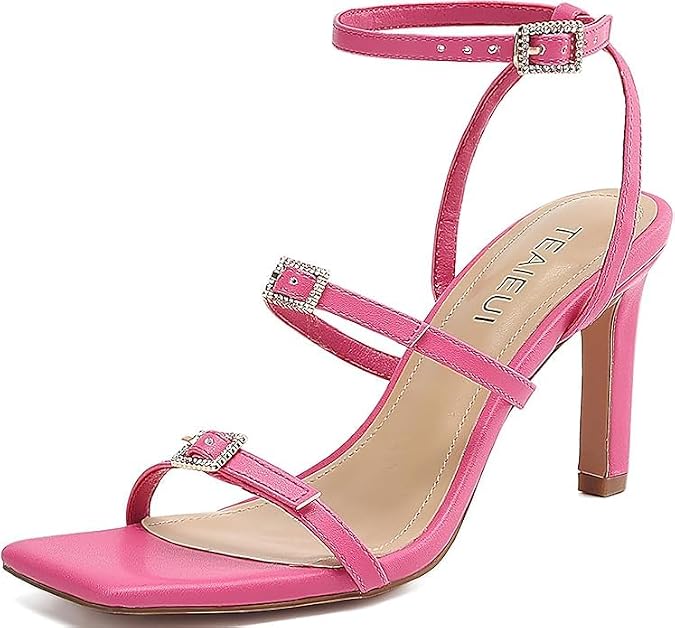TEAIEUI Women's Heeled Sandals Strappy Heels for Women Square Toe Prom Shoes Stiletto Heels Dressy for Party Wedding Ankle Strap Hot Pink 8