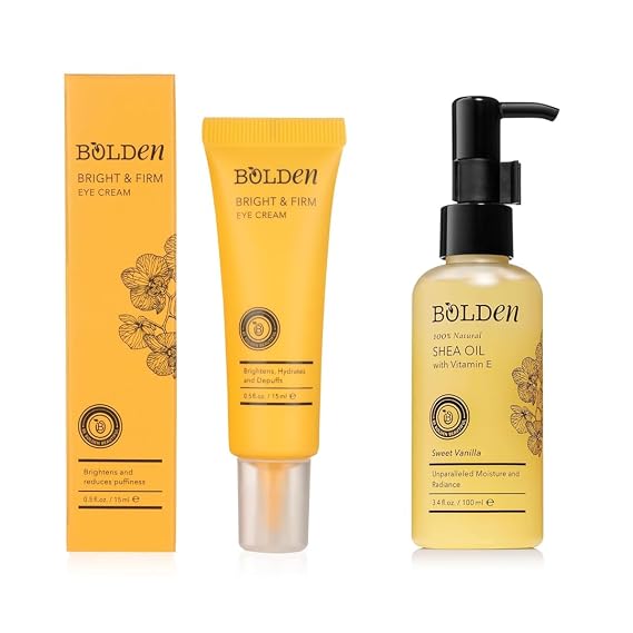 BOLDEN Bright & Firm Eye Cream & Shea Oil with Vitamin E Bundle | 100% Natural Moisture for Skin & Hair + Under Eye Care for Dark Circles & Puffiness | 3.4 fl oz & 0.5 fl oz