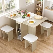 Folding Dining Table Set for 4, Dinner Table with 4 Leather Chairs and Shelves, Space Saving Foldable Dining Table with 6 Wheels, Kitchen Table for Small Spaces Beige