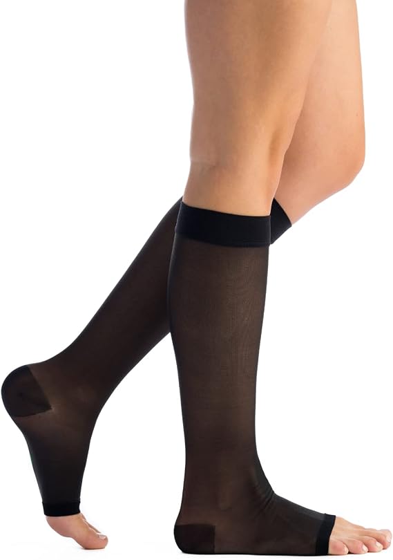 EvoNation Women's Sheer Knee High 15-20 mmHg Open Toe Compression Stockings | Lightweight breathable design with reinforced heel, soft non-binding top band, and flexible fit for all-day comfort.
