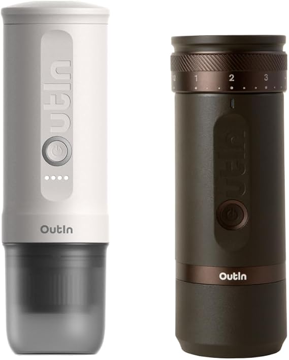 OutIn Nano Portable Electric Espresso Machine with Fino Portable Electric Coffee Grinder, Brown & White