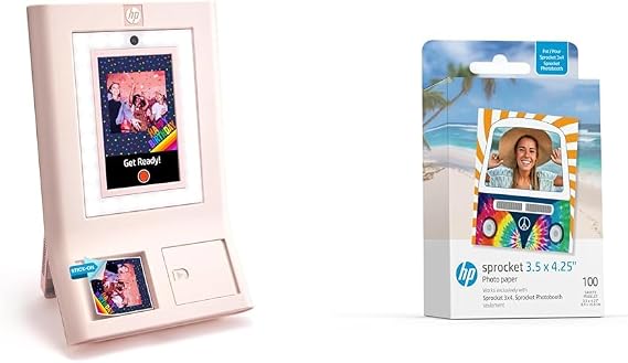 HP Sprocket Photobooth Instant 3x4 Color Photo Printer (Pink) Capture & Customize with 250+ Frames Sprocket 3.5 x 4.25 Zink Sticky-Backed Photo Paper (100 Pack)