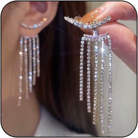 Silver Tassel Prom Earrings Long Sparkly Rhinestone Tassel Dangle Drop Earrings for Women Wedding Jewelry