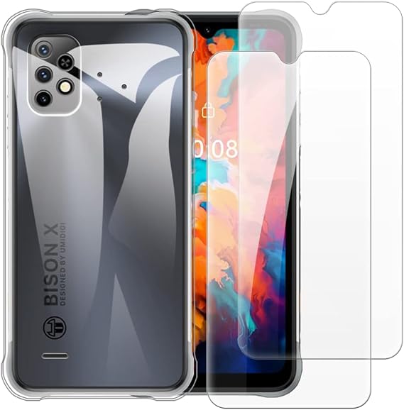 Case + 2 Piece Tempered Glass Set Compatible with Umidigi Bison X10 Pro Shockproof Cover & Full Protective Screen Protector Clear