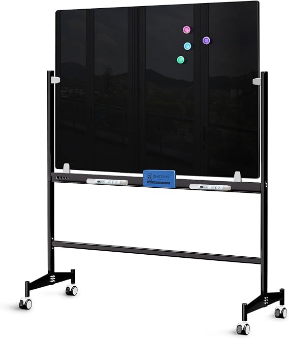 Mobile Black Magnetic Glass Board on Wheels 48x36 - Adjustable Height Rolling Black Whiteboard Portable Easel, Movable Tempered Glass Dry Erase Board, Large Modern Chalkboard with Stand
