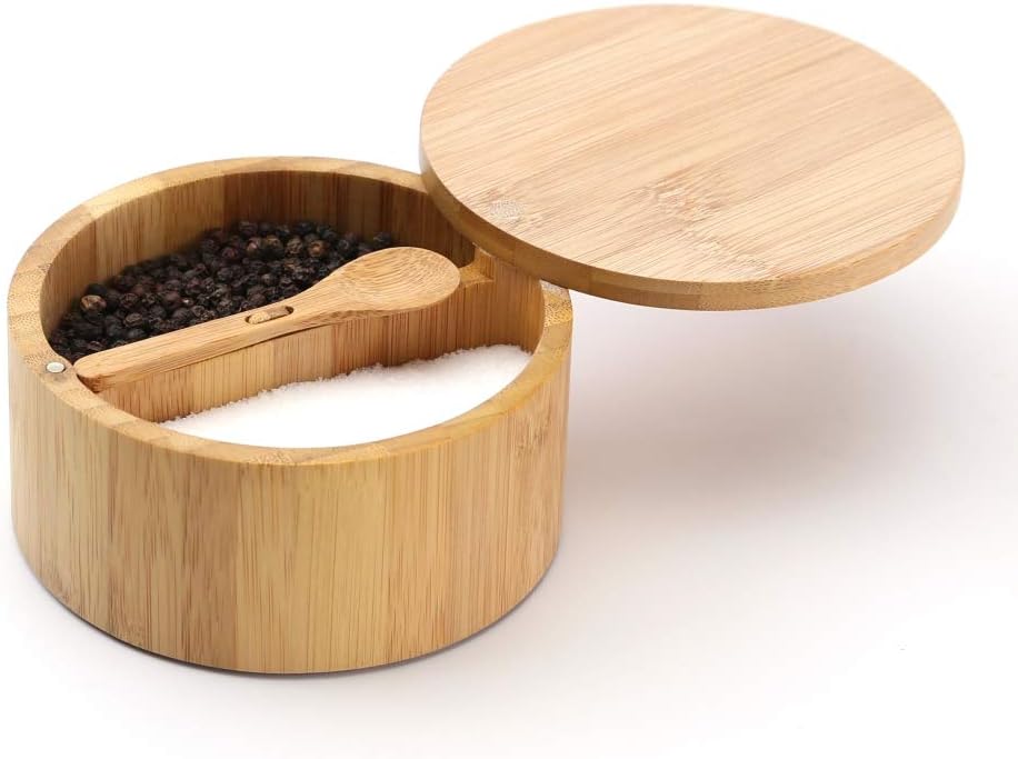 KITCHENDAO Bamboo Salt and Pepper Box - Built-in Serving Spoon to Prevent Lost - Swivel Lid with Magnet to Keep Dry, Dust-free - Fillet Design - 7 oz Capacity Each Compartment
