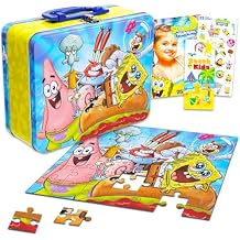 Spongebob Squarepants Tin Lunch Box Puzzle Set - Lunchbox with 48 Piece Puzzle Plus Tattoos, Stickers, More | Spongebob School Supplies Set for Kids