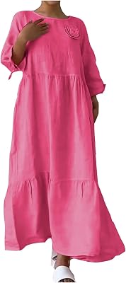 Linen Dresses for Women 2025 Casual Crewneck Half Sleeve Plus Size Summer Wedding Guest Outfits Maxi Sundresses