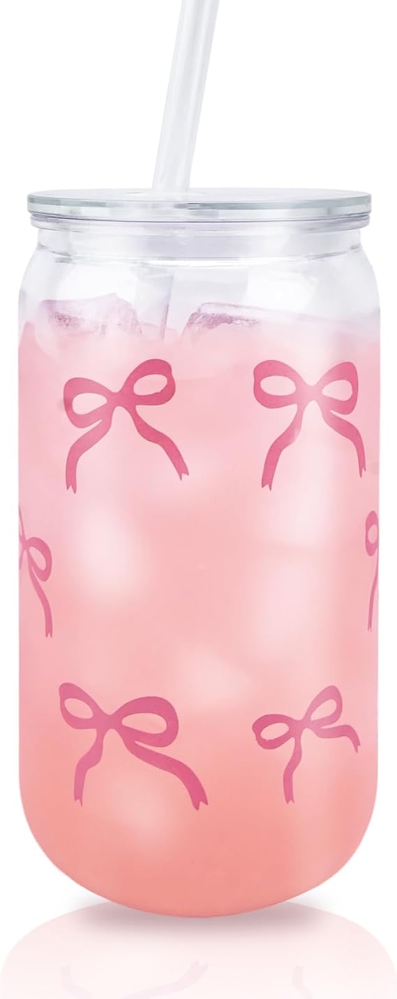 InteDesign 500ml Pink Bow Cups, Bow Plastic Straw Cups with Lids, Flower Girl Cup Smoothie Cup Pink Party Baby Shower, for Milk, Ice Water, Juice, Coffee, Soda,Cocktail,Cold or Hot Drinks (Style 1)