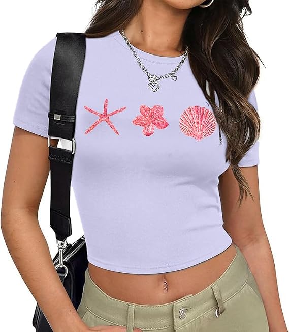Women Y2K Baby T Shirt Hawaiian Flower Graphic Crop Tops Glitter Floral Shirts Vintage Aesthetic Summer Tops