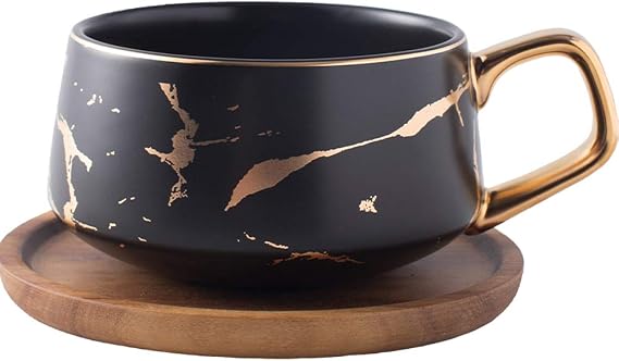 Coffeezone Luxury Golden Marble 10.5 Oz Matte Ceramic Latte Coffee Tea Cups with Wood Saucers (Black, Cup & Saucer)