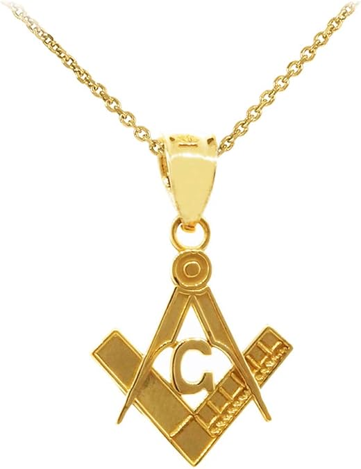 10k Gold Freemason Small Square And Compass Masonic Pendant Necklace, 20"