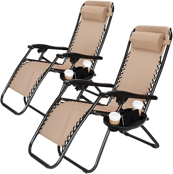 2PCS Beach Chairs for Adults, High Strength Beach Chairs Folding Lightweight, Portable Outdoor Folding Chair with Large Cup Holders and Strap, for Beach Poolside Backyard(2PCS Khaki)