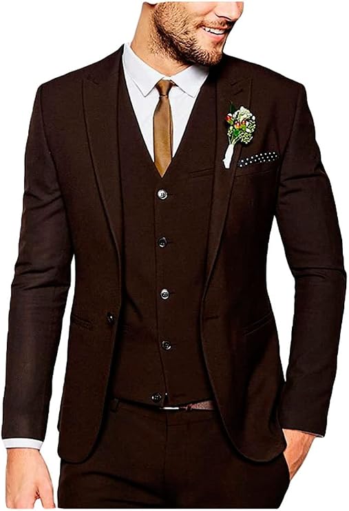Fashion Dark Brown Mens Suit 3 Pieces Wedding Suits for Men Groom Tuxedos Dinner Suit