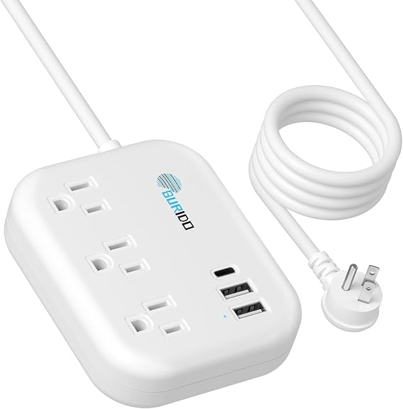 Power Adapters-GURIDO, USB, Flat Plug 5 Feet Extension Cord, 3 Outlets, for Travel, Cruise, White, Adapter 08.23