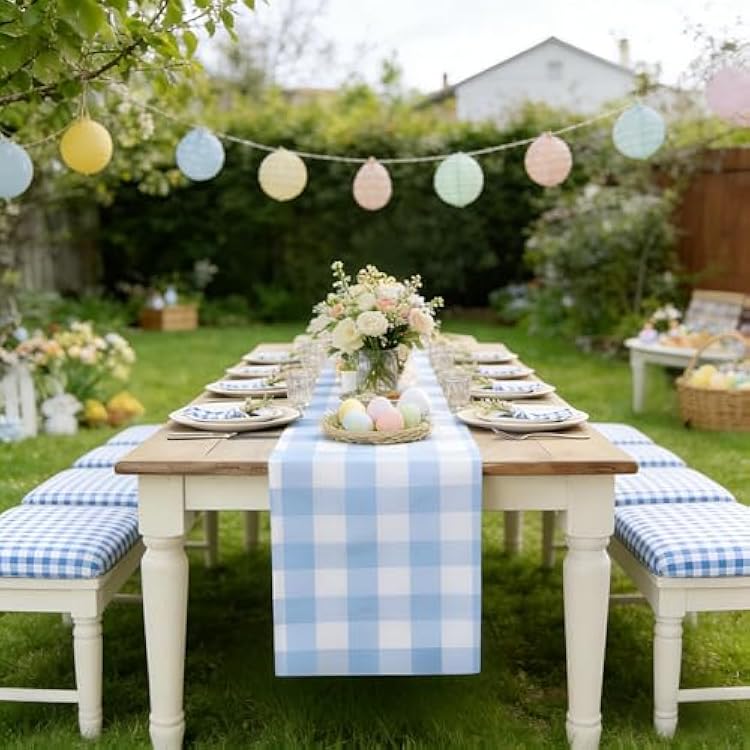 yuboo Light Blue Gingham Table Runner, Spring Easter Buffalo Plaid Check Table Cloth 72 inches Long, Blue and White Table Decor Party Supplies, Farmhouse Baby Shower Birthday Decorations
