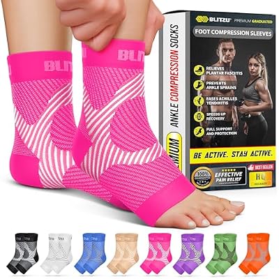 BLITZU Compression Socks for Plantar Fasciitis, Achilles Tendonitis, Arthritis Relief, Ankle Brace Compression Sleeve with Foot Arch Support, Ankle Wrap for Women, Men, Swelling & Heel Pain Pink S-M