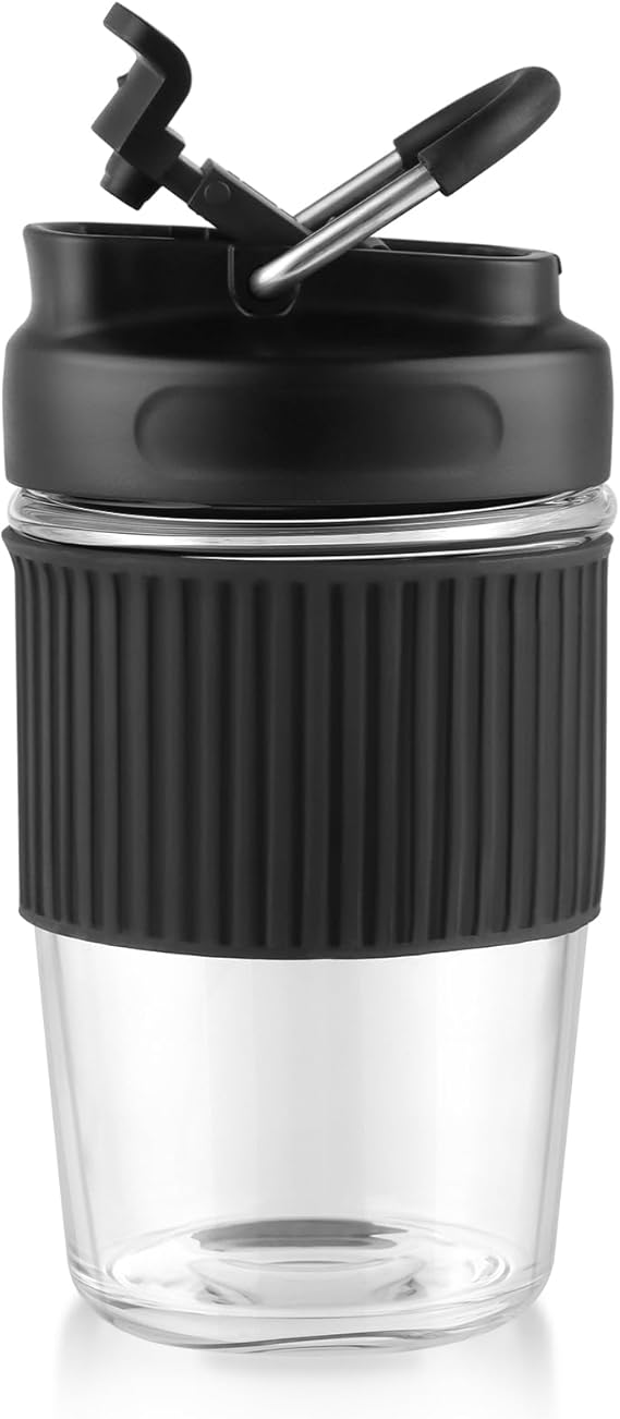 Sivaphe Reusable Glass Ice Hot Coffee Cup 16 oz, Portable Travel Mug with Spill-Proof Lid and Thermal Sleeve for Home Office Black
