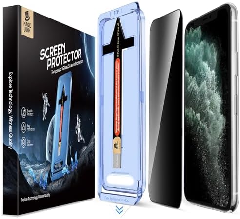 MAGIC JOHN 2 Pack for iPhone 11 Pro Max 6.5 inch Privacy Glass Screen Protector, Auto Dust-Elimination Installation, Bubble Free, Easy Installation