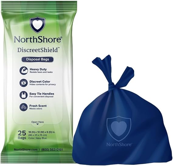 NorthShore DiscreetShield Disposal Bags for Adult Diapers, 25 Count | Discreet Opaque Navy Color, Fresh Scent Blocks Odors, Easy-Tie Handles, Resealable Soft Pack