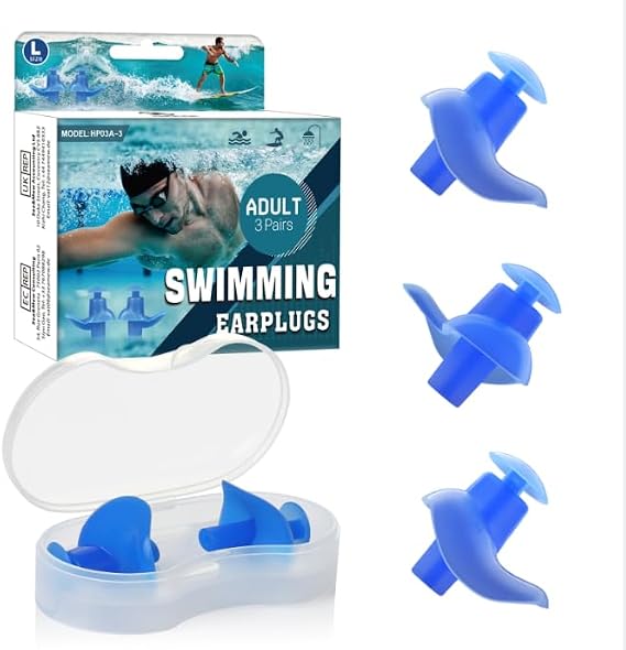 Hearprotek Swimming Ear Plugs - 3 Pairs Adults Waterproof, Comfortable Reusable Silicone Ear Plugs for Men Women Swimmers Shower Pool Bath Surfing (Blue)