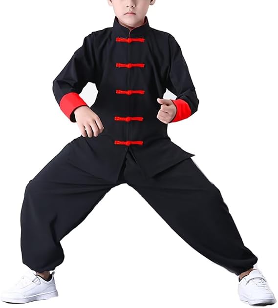 Kung Fu Suit for Unisex Kids Long Sleeve Black Martial Arts Taichi Traditional Uniform