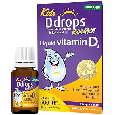 Ddrops Kids Booster 600IU 100 Drops - Daily Liquid Vitamin D for Kids. Support Strong Bones & Immune System in Children. No Preservatives, No Sugar, Non-GMO, Allergy-Friendly