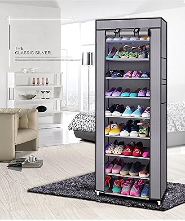 Shoe Rack Organizer, 10 Tiers 9 Lattices Shoe Rack Dustproof Non-woven Fabric Closet with Side Pocket Storage Cabinet Organizer,Grey