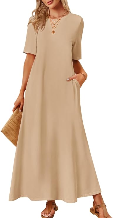 MEROKEETY Womens Summer Casual Short Sleeve Maxi Long Tshirt Dress 2026 | Ladies, Crew Neck, Loose Relaxed Fit, Solid Color, With Pockets, Ankle Length, Modest, Simple, Classy, Basic, Vacation Outfit