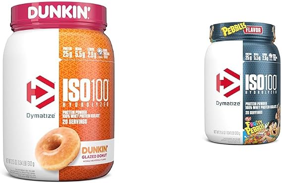 Dymatize ISO100 Hydrolyzed Protein Powder, 100% Whey Isolate, Dunkin' Glazed Donut Flavor, 20 Servings & ISO100 Hydrolyzed Protein Powder, 100% Whey Isolate, 25g of Protein, 5.5g BCAAs, Gluten Free