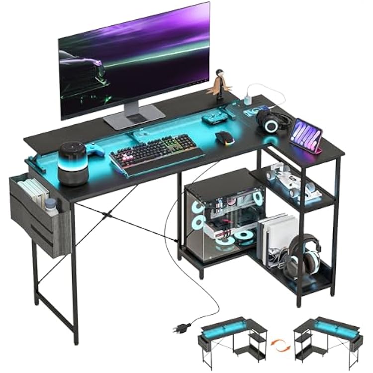 HOMCOM 58 L Shaped Gaming Desk with Power Outlets and LED Lights, Reversible Computer Desk with Monitor Stand, Fabric Storage Bag, Cable Management, for Home Office, Black