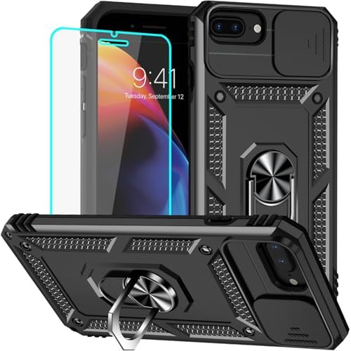 HNHYGETE for iPhone 8 Plus Case, iPhone 7 Plus Case with Screen Protector: [Military Grade 20ft. Drop Tested] Ring Shockproof Protective Phone Case for - iPhone 8/7 Plus (Black)