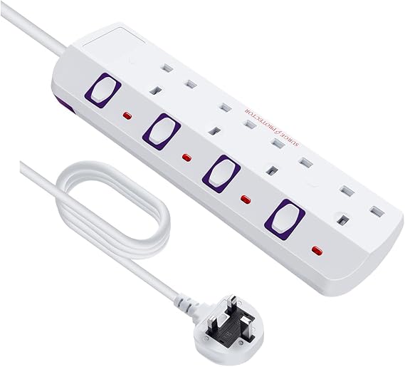 Extension Lead 4 Way Multi Plug Extension Sockets with Individual Switches Wall-Mounted Power Strip 2M Extension Cord 13A Fused UK Plug 3250W