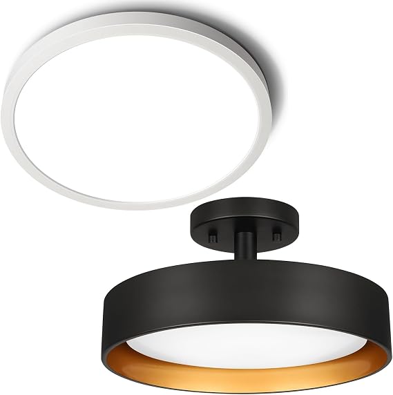 SunRider 12 Inch LED Ceiling Light, 5000K Daylight White, 24W White Round Flat Ceiling Lights and 25W Metal Semi Flush Mount Ceiling Light Bundle