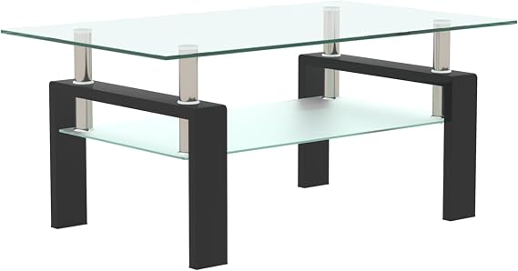 Modern Rectangular Glass Coffee Table for Living Room, Clear Tempered Glass Top with Black Metal Legs, Stylish and Durable Design, Contemporary Glass Coffee Table for Home or Office