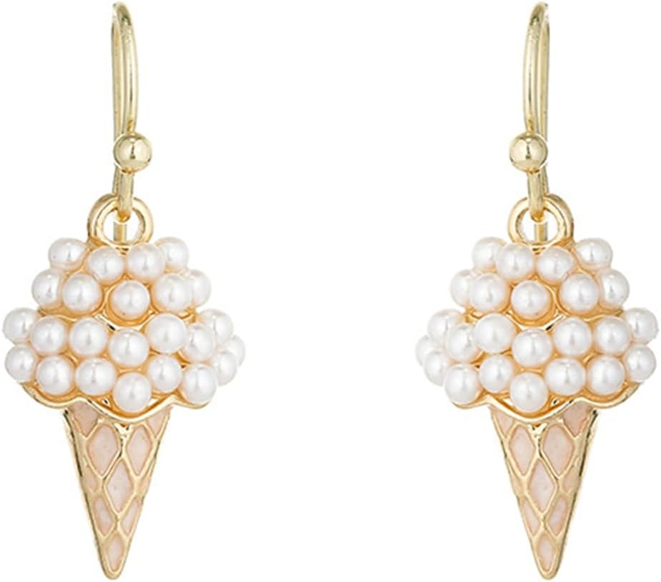Icecream Cone Pearl Earrings for Women Gold Plated Handmade Lovely 3D Imitate Ice Cream Cake Food Cute Small Dangle Drop Earrings for Birthday Summer Beach Vacation Fashion Jewelry Gifts
