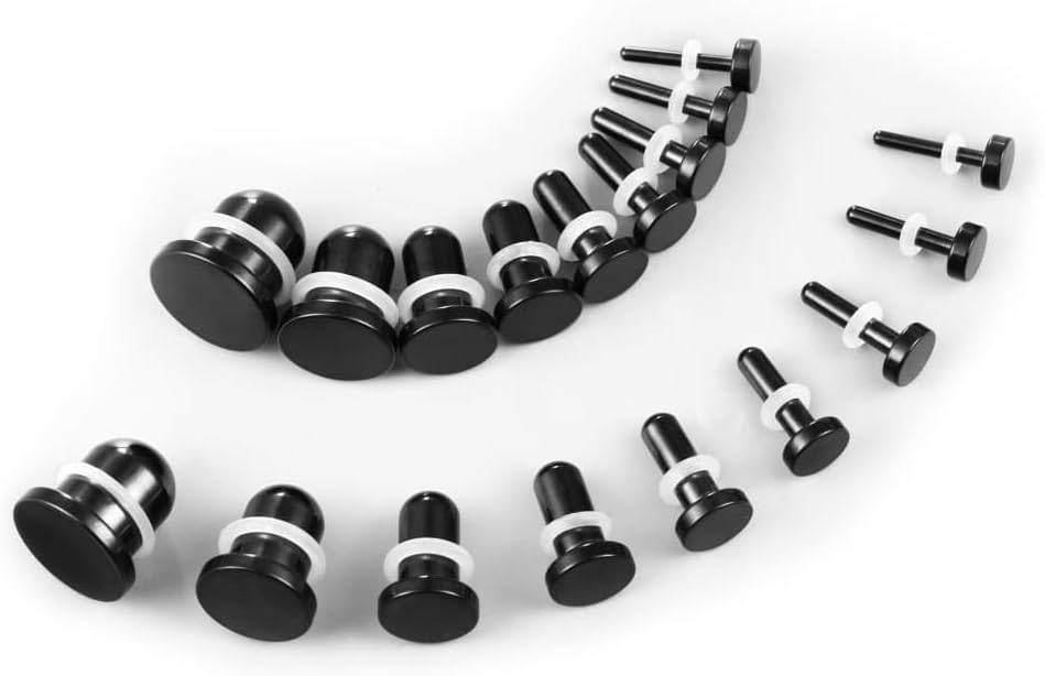 1.6mm-24mm Full Size Stainless Steel Ear Stretching Kit with 2PCS O-Rings/Pair,Comfy Pain-free Single Flared Dead Stretching Gauges Tunnels Plugs,Black Silver Body Piercing