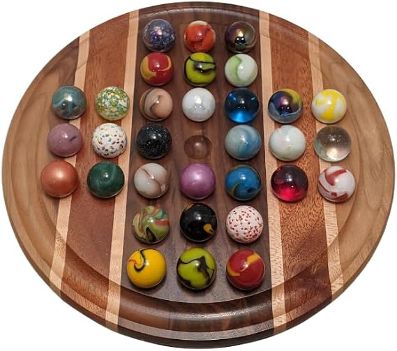 Handmade Marble Solitaire Board Game w/Glass Marbles (16", Muted Contrast)