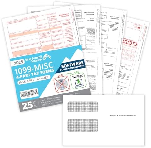 Blue Summit 25 1099 Misc Forms 2025 with Tax Right Software, 4 Part Forms, 25 Vendor Kit of Laser Forms Compatible with QuickBooks and Accounting Software, 25 Self Seal Envelopes Included