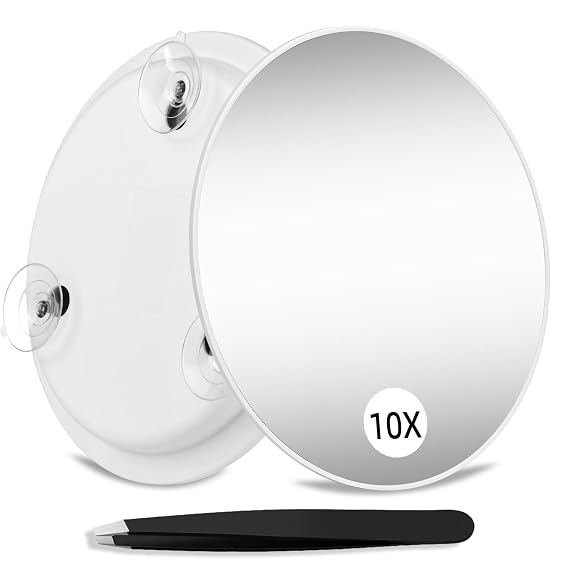 Magnifying Mirror 10X with Suction Cups, 6inch Travel 10X Magnified Mirror Large Round Makeup Mirror with High Magnification, Make up Mirror with Tweezers Sets