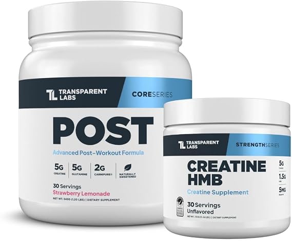 Transparent Labs Post Workout Recovery Muscle Builder (30 Servings, Strawberry Lemonade) & Creatine HMB (30 Servings, Unflavored)