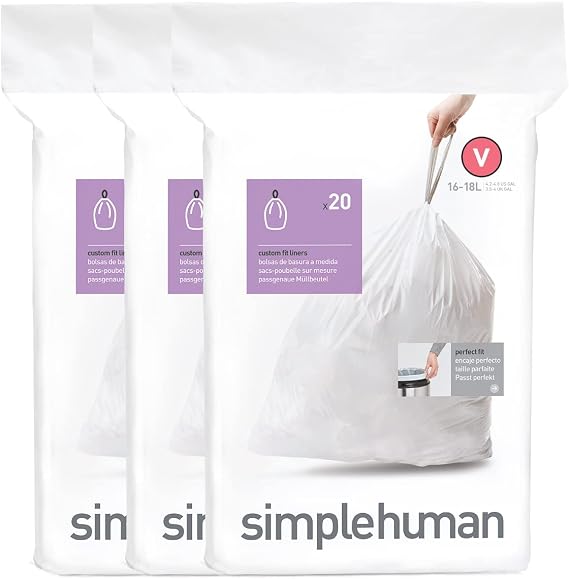 simplehuman Code V 60 Count, Dispenser Pack Custom Fit Liners, Drawstring Trash Bags, 16-18 Liter / 4.2-4.8 Gallon, White