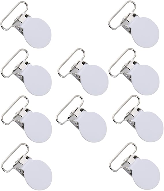 Suspender Clips 10 Pieces, 1.4 Inch Round Iron Heavy Duty Clips, Metal Strong Spring Loaded for DIY Craft, Suspender Replacement, and Belt Making (White)