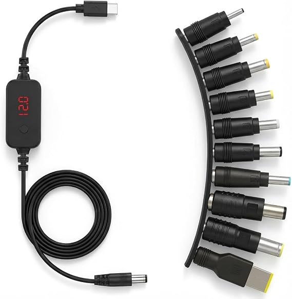 Type-C PD to DC Adapter Cable 60W, Adjustable Voltage (5V/9V/12V/15V/20V) with LED Display, 10+ Connectors, PD Trigger Cord for Laptop, Camera, Router, Printer, Compatible with USB-C PD Charger
