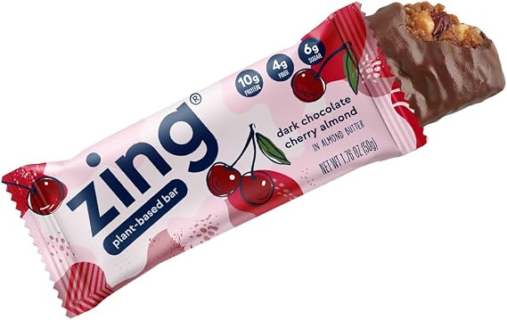 Zing Bars Plant Based Protein Bar, Dark Chocolate Cherry Nutrition Bar, 10g Protein, 6g Fiber, Vegan, Gluten Free, Soy Free, Non GMO, 12 count