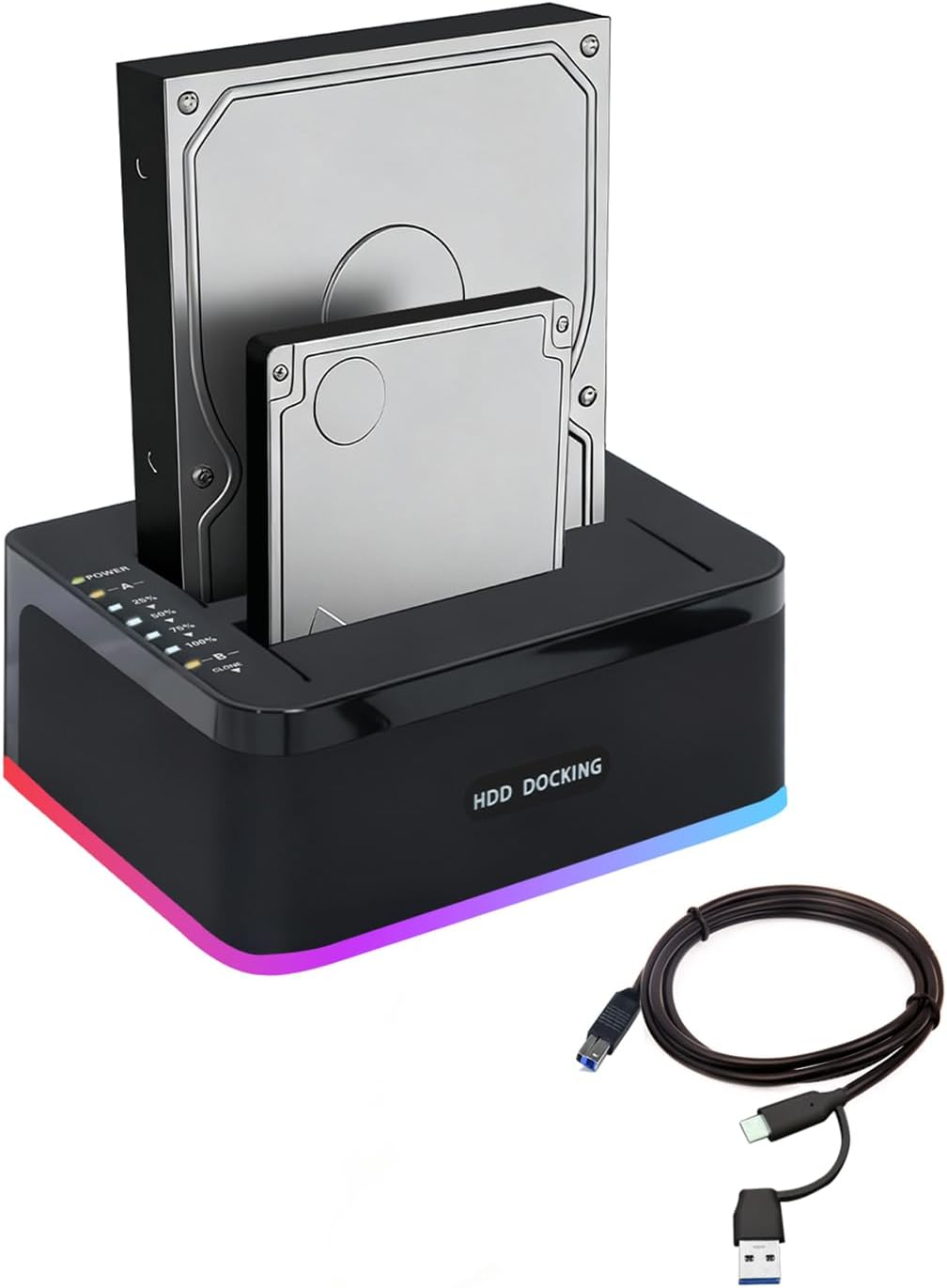 Hard Drive Docking Station Dual Bay RGB USB 3.0 SATA HDD/SSD with Cloning, 2 x 20TB for 2.5/3.5 Inch