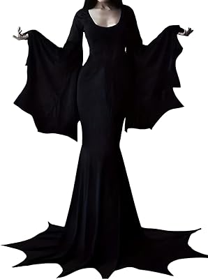 YEAXLUD Vampire Womens Halloween Costumes Long Wide Sleeves Morticia Addams Costume Wrap Gothic Witch Dress Witchy Dress black, Medium