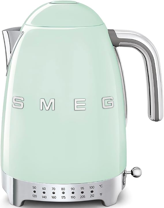 SMEG Variable Temperature Electric Kettle 1.7L (7 Cup), Stainless Steel Tea & Coffee Kettle, Fast Boil, Adjustable Temp 122F212F, Keep Warm, Auto Shut-Off, 360 Base, Retro Style-Pastel Green